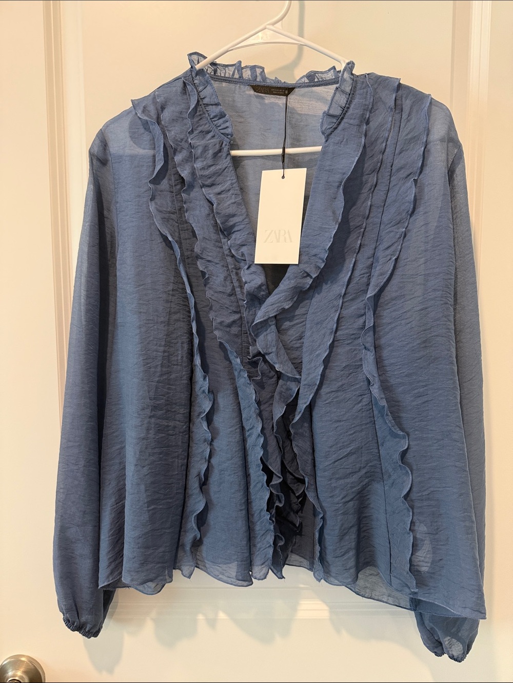 Zara Dusty Blue Ruffle V-Neck Blouse